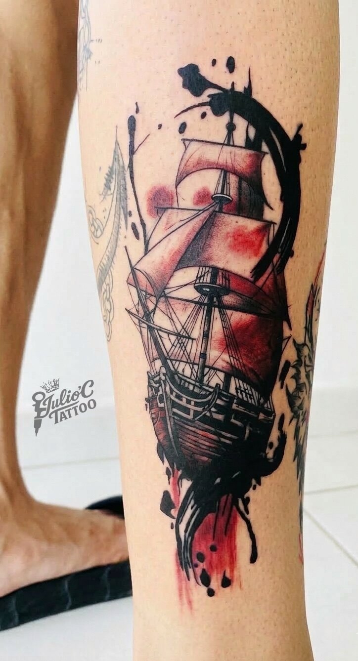 Tatuaje ilustrativo de barco en tinta negra y roja sobre la pierna